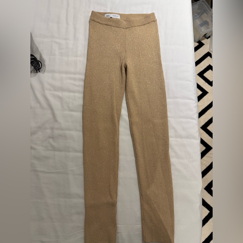 Zara Metallic Gold Ribbed Pants
